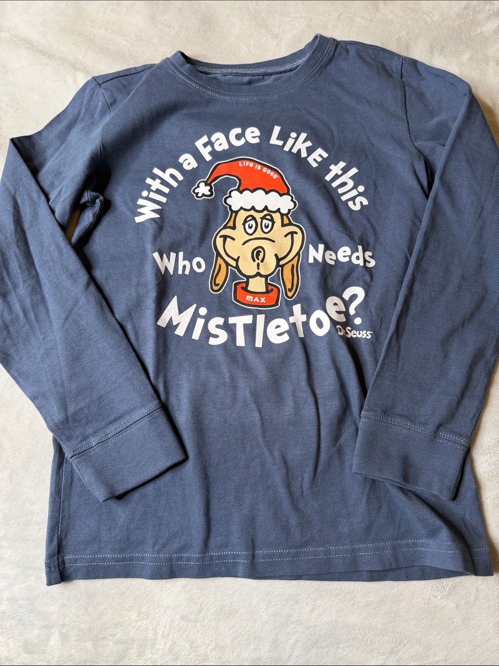 Life Is Good Kids Navy Blue Long Sleeve Tee with Grinch Dog Graphic